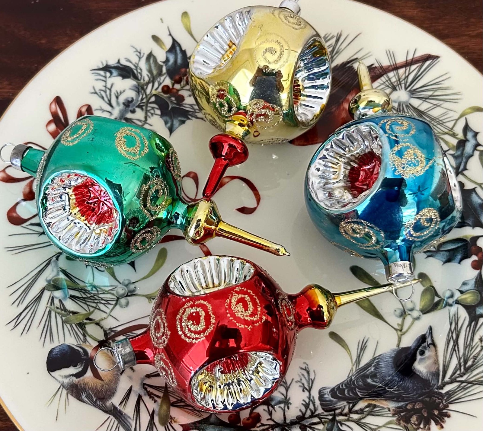Bradford VINTAGE GLASS TRIPLE INDENT CHRISTMAS ORNAMENTS Red, Blue, Gold, Green