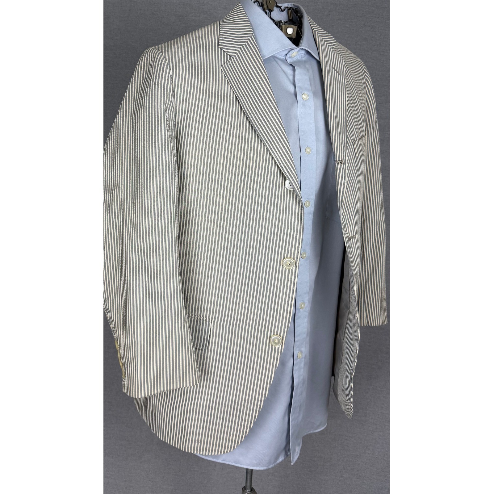 Vintage 60s Haspel Seersucker Blazer 40R Grey White Stripe Raleigh Haberdasher
