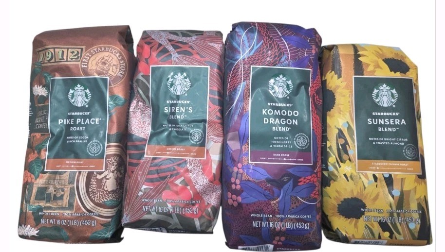 4 Starbuck Whole Been Coffee Pikes Place Sirens Blend Komodo Sunsera Blend NEW 4 Starbuck Whole Been Coffee Pikes Place Sirens Blend Komodo Sunsera Blend NEW