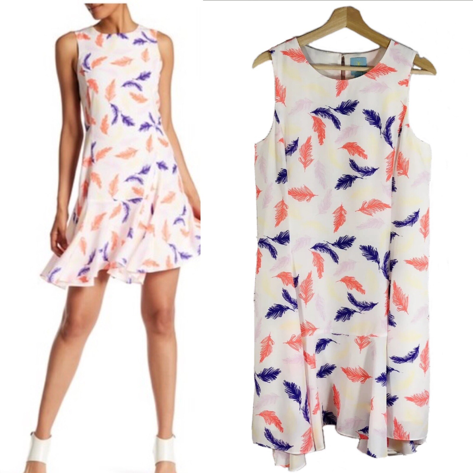 NWT Cece Delaney Feather Print Dress Sleeveless Antiq White Sz 8
