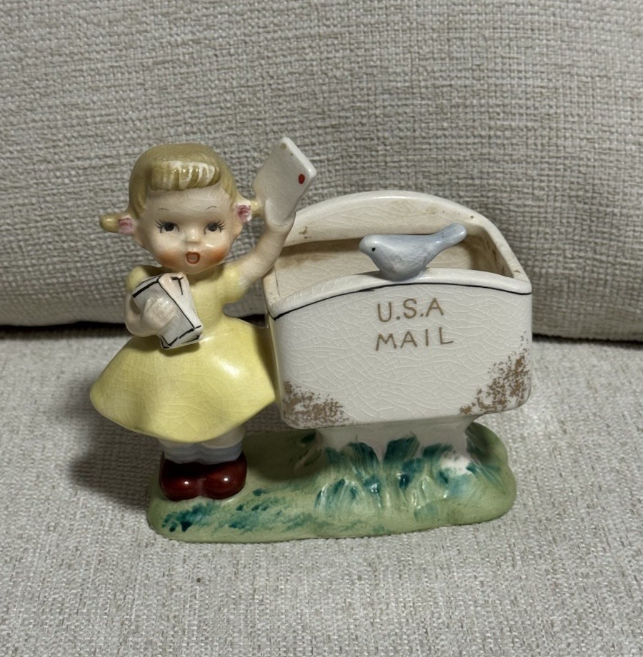 RARE Vintage Relpo Valentine US Mail Porcelain Planter Figurine, #A616A