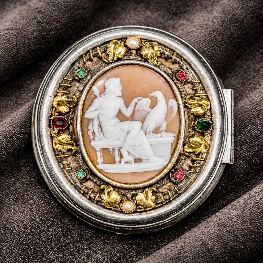 Magnificent Antique Silver Grand Tour Box Carved Shell Cameo Zeus Neoclassical