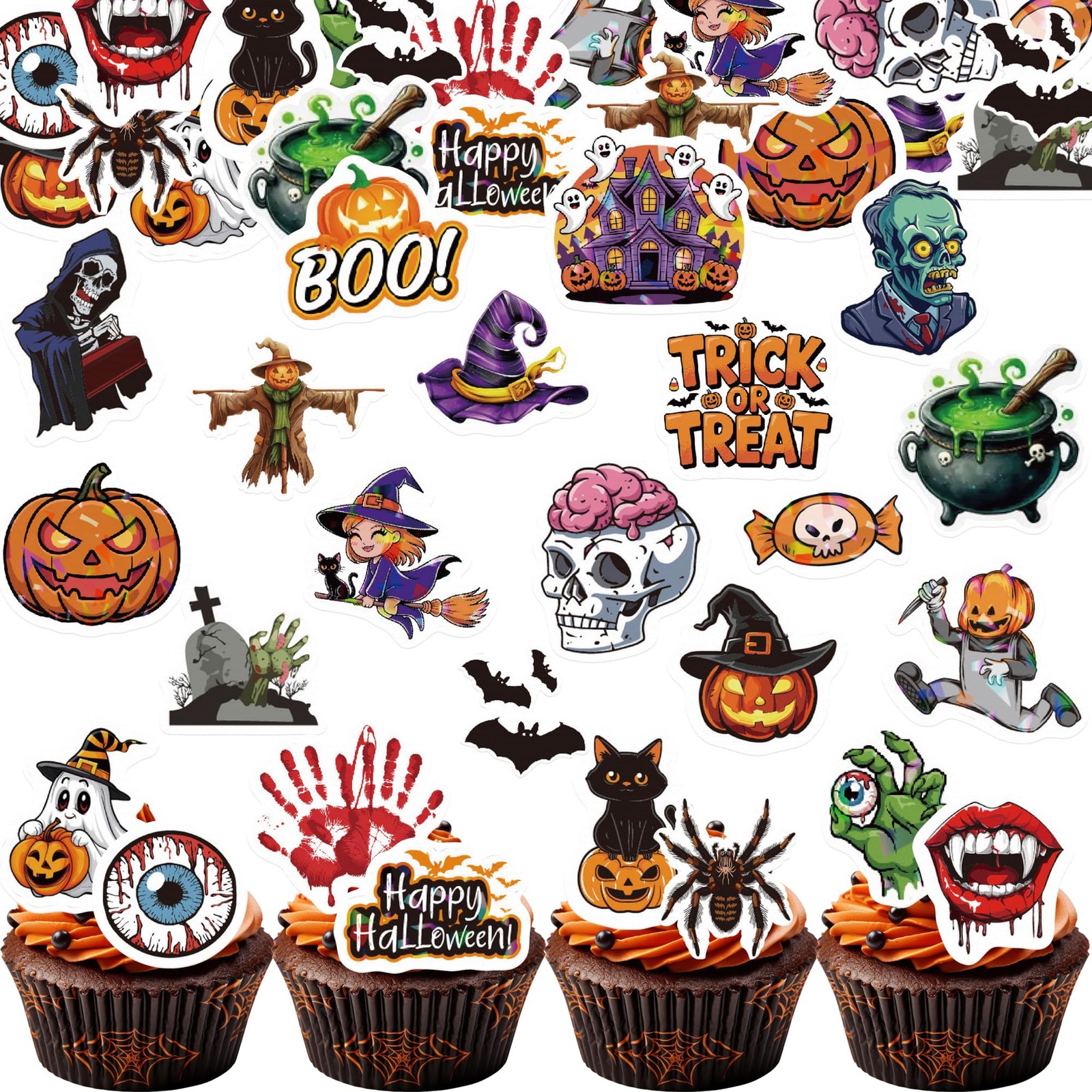 Fyeoxle 72PCS Edible Halloween Cupcake Toppers Wafer 1.77 inches, A-multi 1