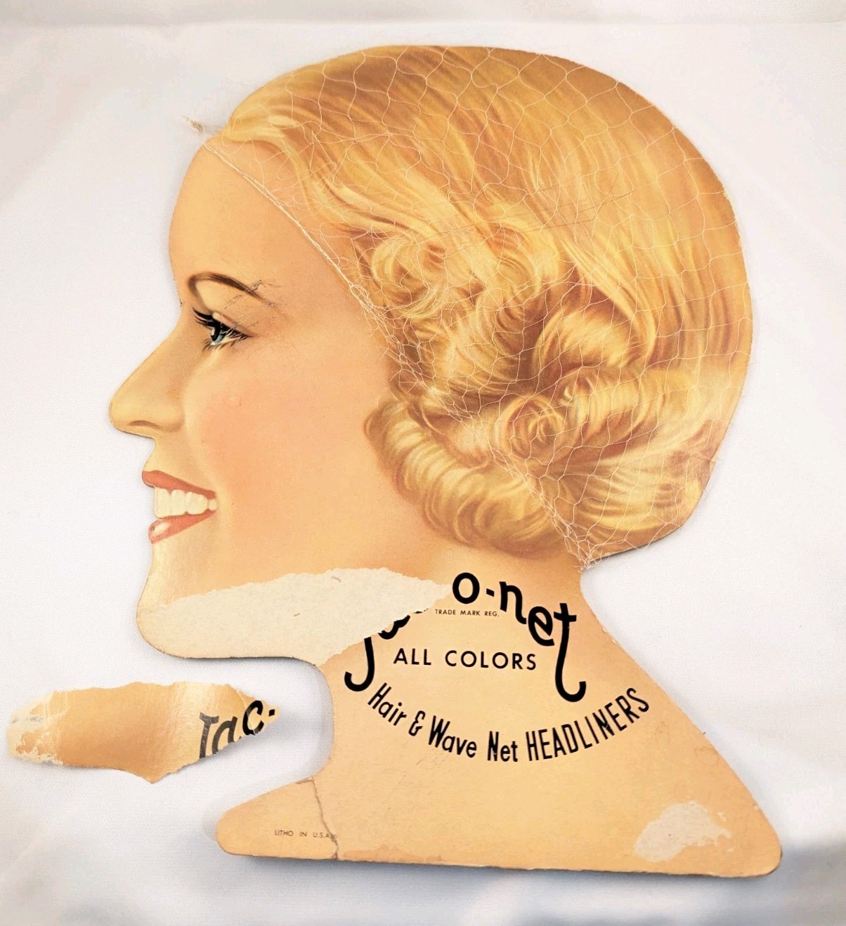 Jac-o-Net Ad Store Display Sign Vtg c.1940\'s Lady Head Hair Wave Paper Board Jac-o-Net Ad Store Display Sign Vtg c.1940\'s Lady Head Hair Wave Paper Board