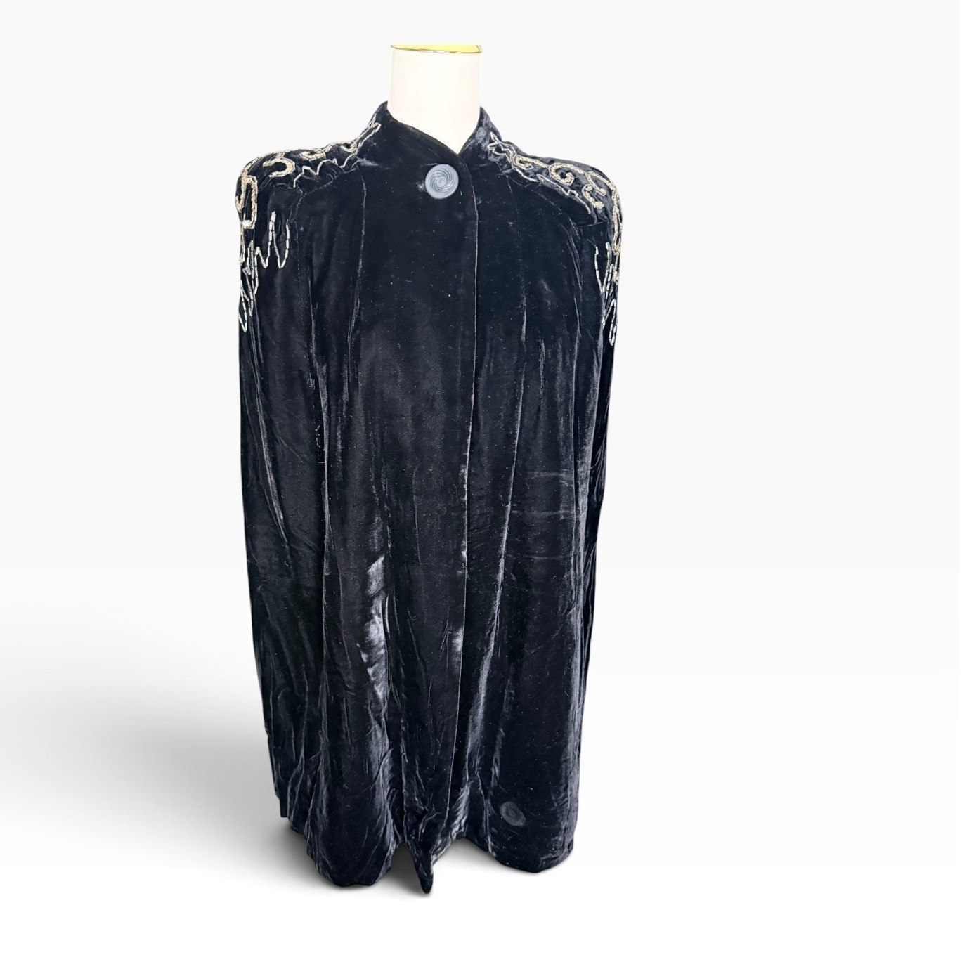 Vintage 1930s 40s Black Velvet Cape Metallic Embellished Padded Shoulders