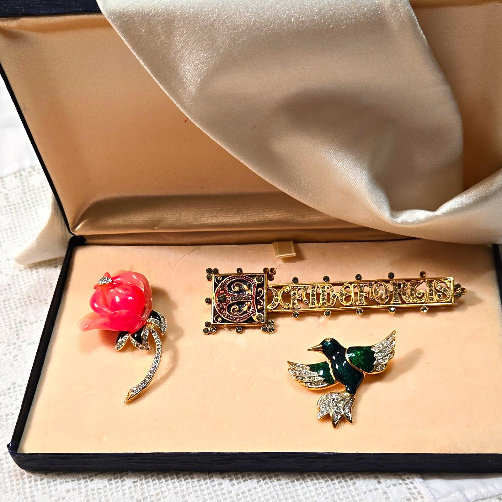 3 Rare Vintage Brooches: Sweet Romance Latin ,  S.A.L. Hummingbird, KJL Rose
