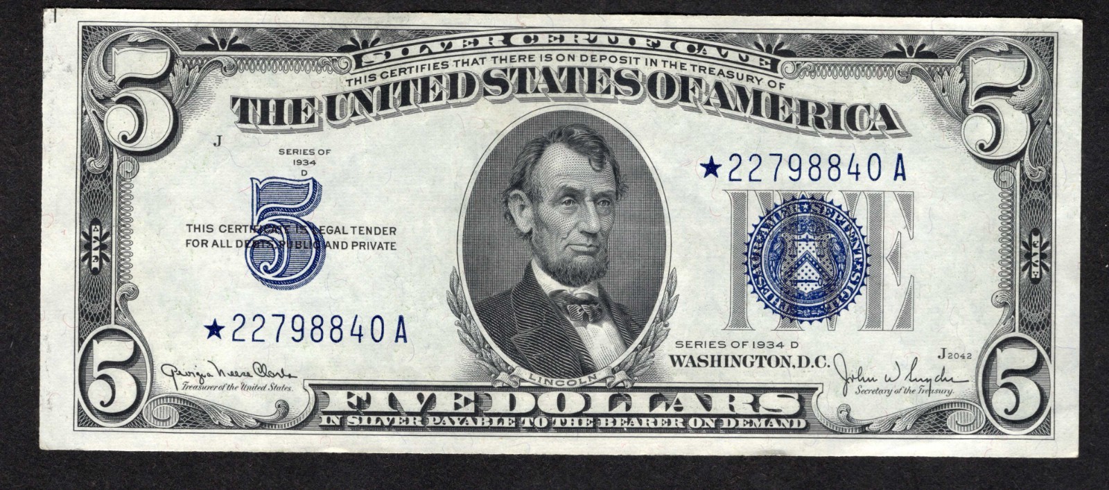 1934 D $5 Silver Certificate STAR Note Blue Seal Solid Star Note AU/ UNC 1934 D $5 Silver Certificate STAR Note Blue Seal Solid Star Note AU/ UNC