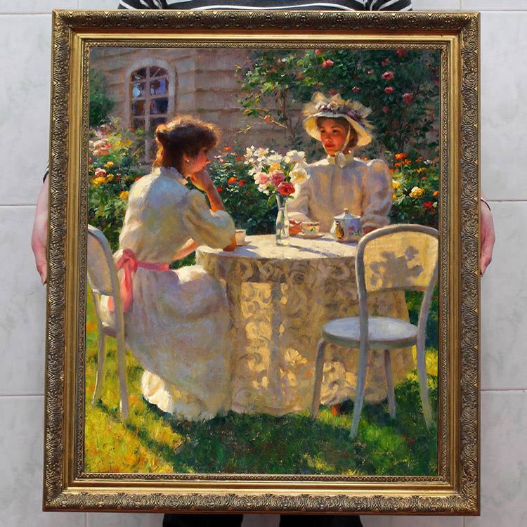 Hand Painted Oil Painting Victorian Ladies Garden Afternoon Tea Impressionist Hand Painted Oil Painting Victorian Ladies Garden Afternoon Tea Impressionist