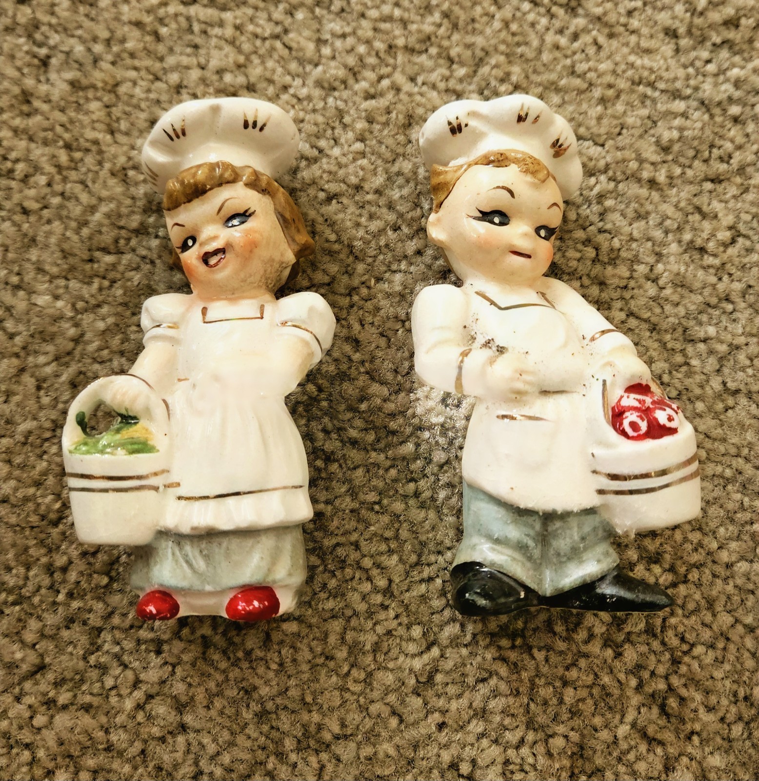 Vintage 1950s–1960s Japanese ceramic chef boy and girl salt and pepper shakers