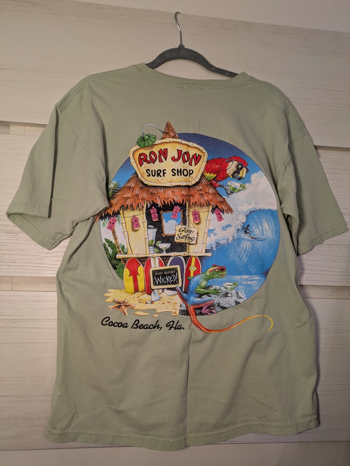 Ron Jon Surf Shop Cocoa Beach Florida Green Parrot Gone Surfing Tee Men\'s L Ron Jon Surf Shop Cocoa Beach Florida Green Parrot Gone Surfing Tee Men\'s L
