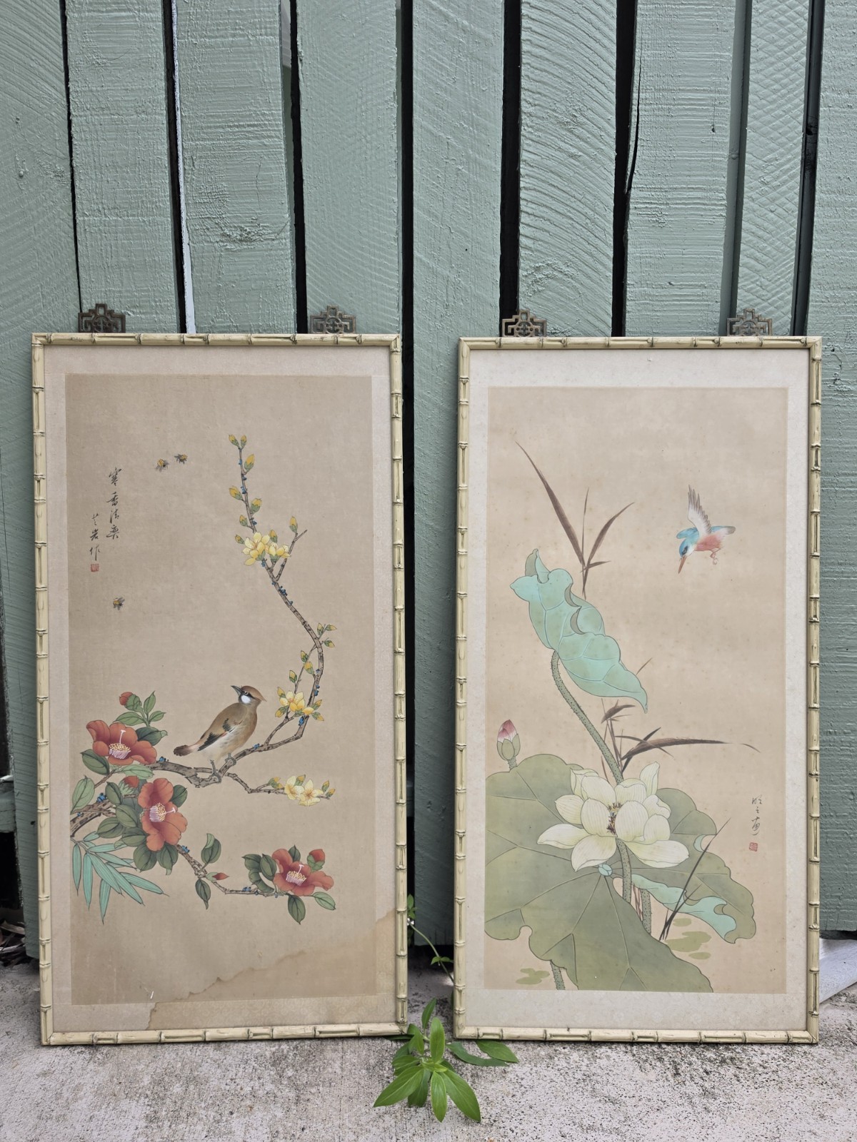 VINTAGE PAIR OF CHINESE BIRD & FLORAL ART (PICTURES ONLY - NO FRAME