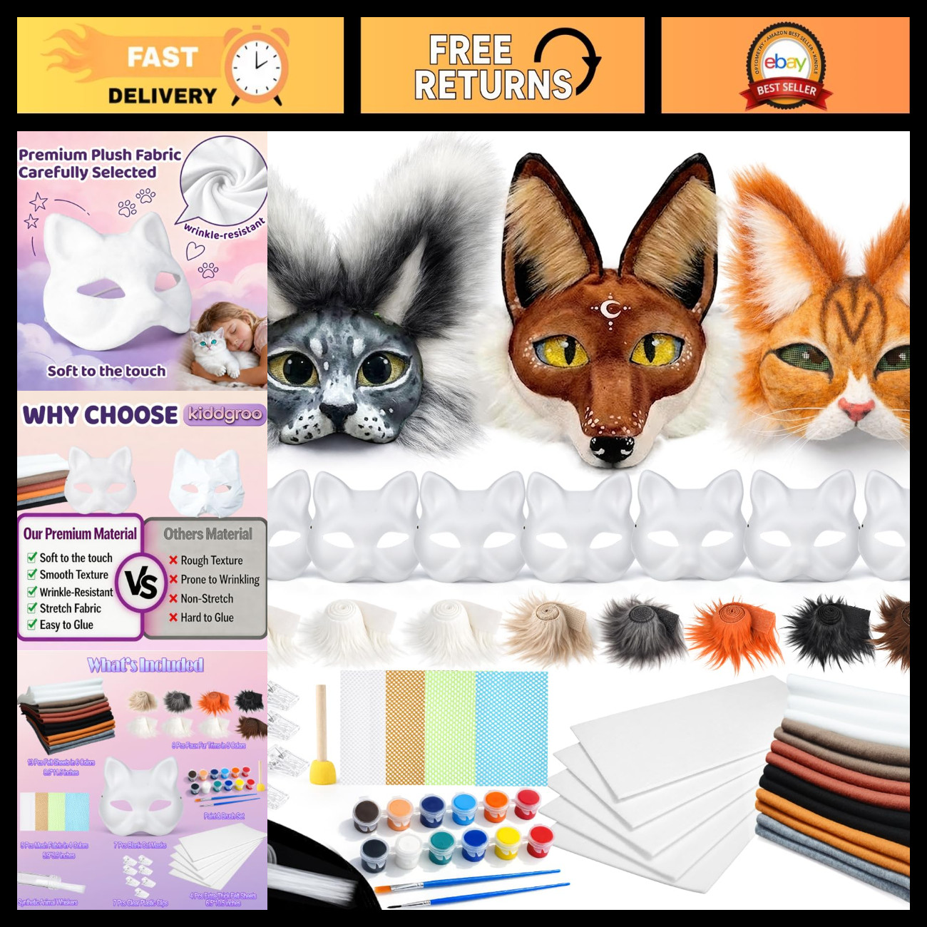 DIY Cat Mask Kit - 51 Pcs Felt, Fur & Eye Mesh - Creative Costume Craft Set