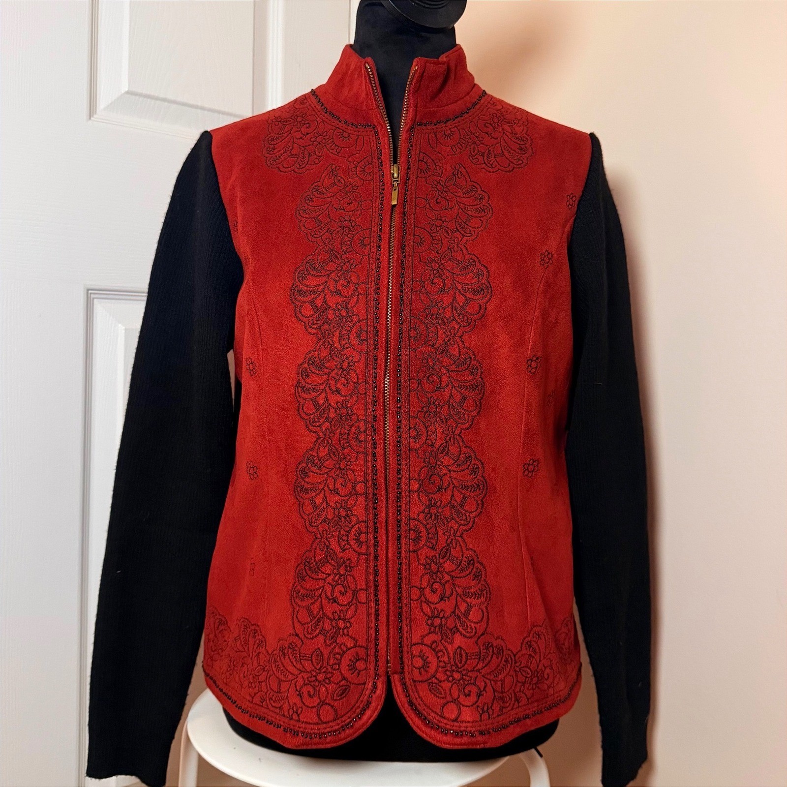 VTG Coldwater Creek Full Zip 90s Red Jacket Embroidered Sweater Sleeves SZ S
