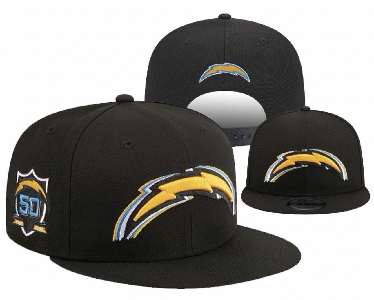 Los Angeles Chargers Black Snapback Hat 50th Anniversary Patch Embroidered