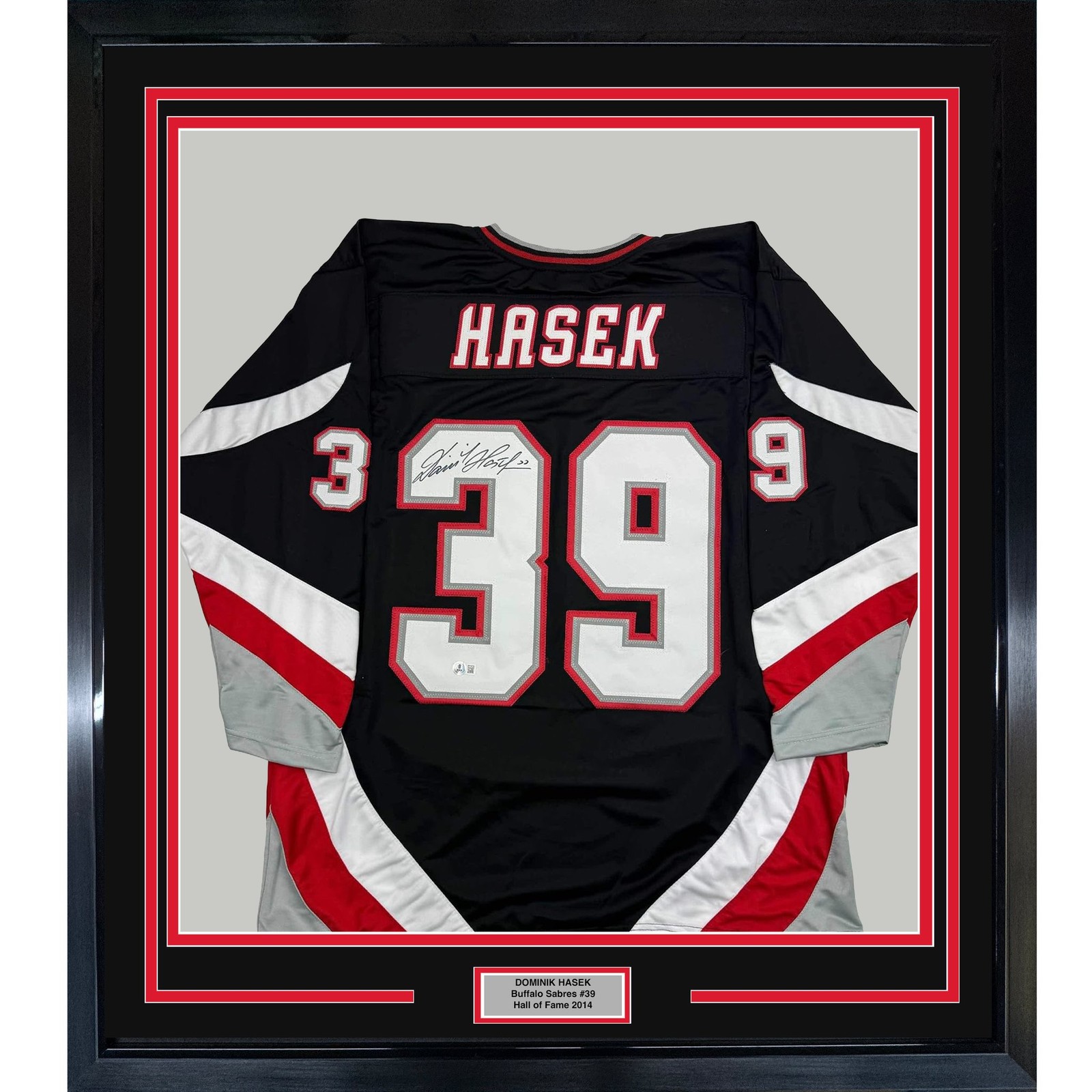 Framed Autographed/Signed Dominik Hasek 35x39 Buffalo Black Jersey BAS COA