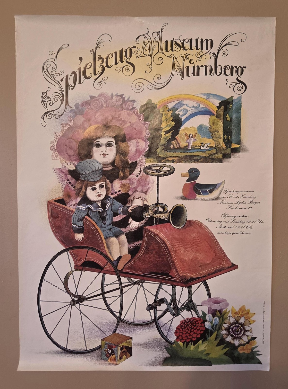 Vintage 1970s German Toy Museum Poster, Dolls in Toy Car by Fritz H. Oerter