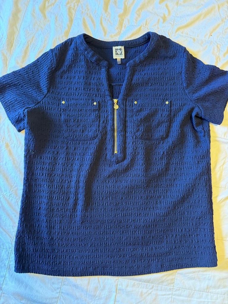 Anne Klein Women\'s Textured Navy Top with Gold Zipper