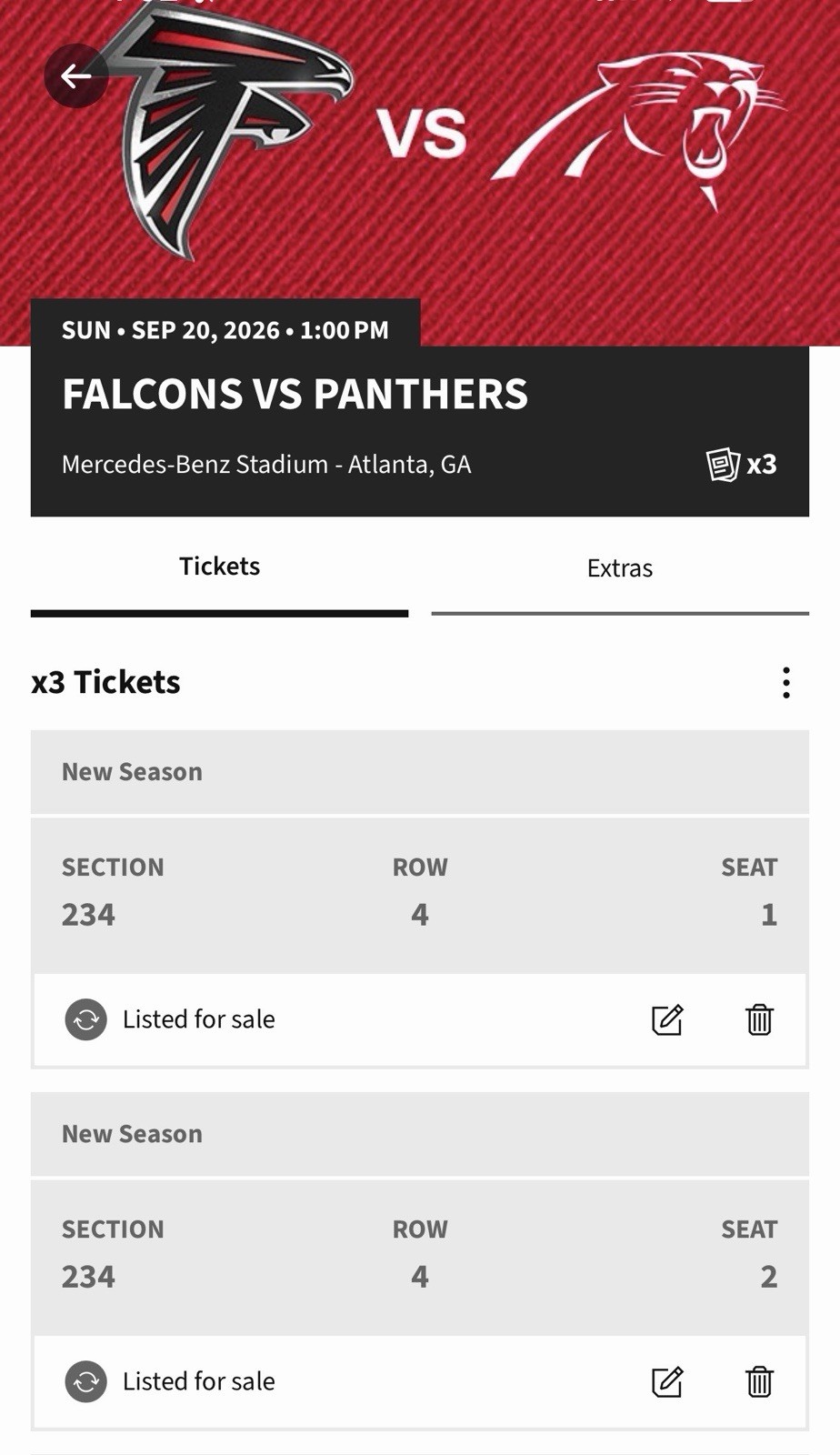 Falcons vs Panthers 2Tickets Sep 20 2026 1:00 PM Mercedes-Benz 234 row 4 1-2