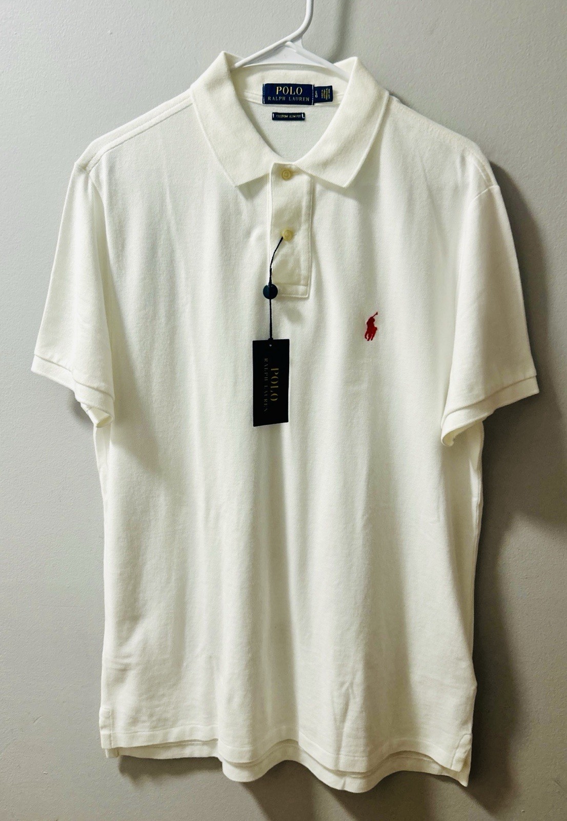 Ralph Lauren Custom Slim Fit Polo Men’s White L Mesh Signature (Red) Pony New