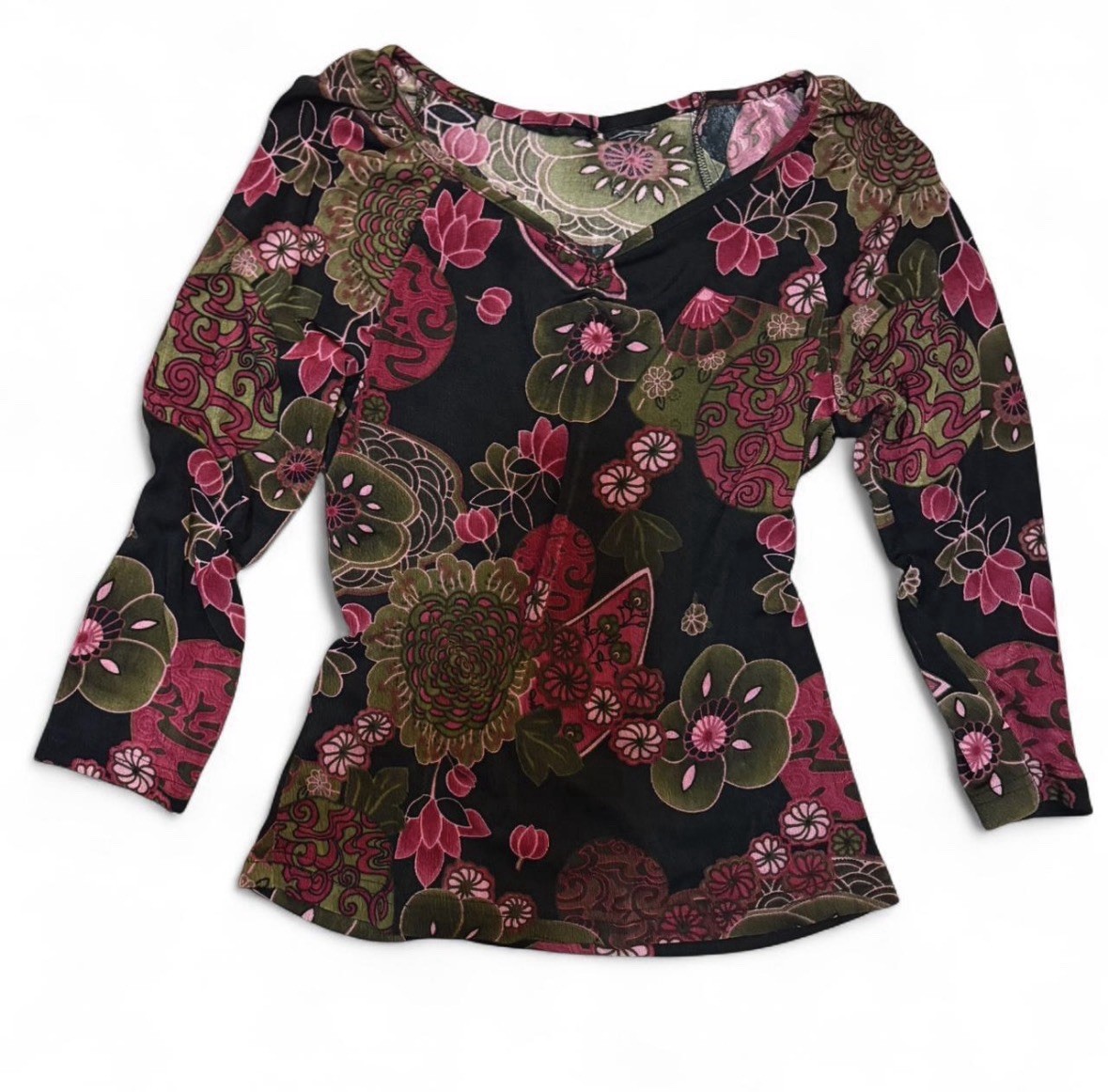 Y2K 2000s 90s Black Pink Green Floral V-Neck Knit Tunic Top Long Sleeve Pullover