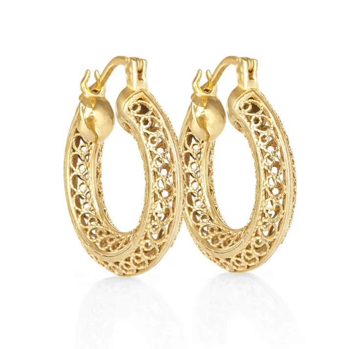 Stunning Gold Filigree Hoop Earrings Artisan Handcrafted 1 Inch Vintage Jewelry