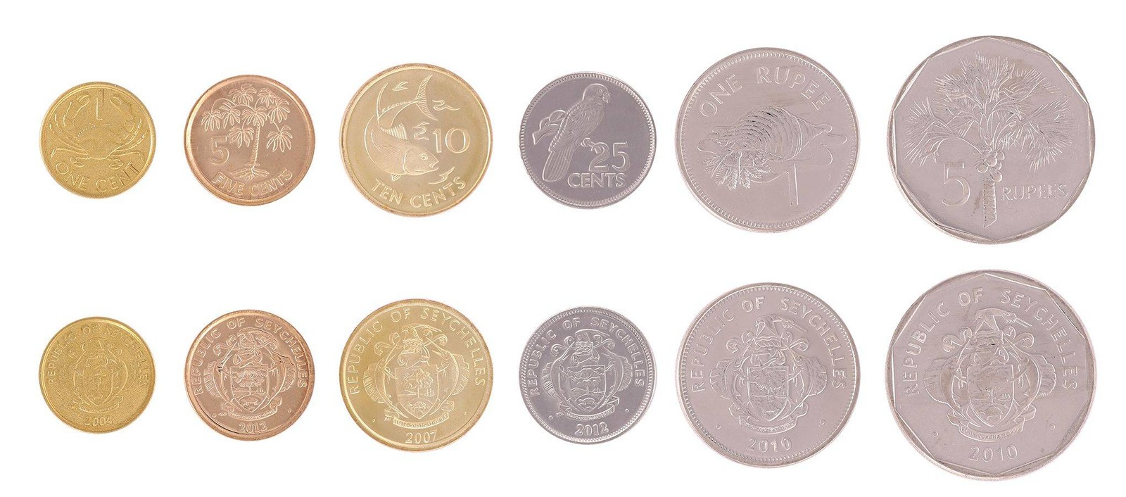 Seychelles 1 Cent - 5 Rupees 6 Pieces Set, 2004-2012, KM #46-51, Mint