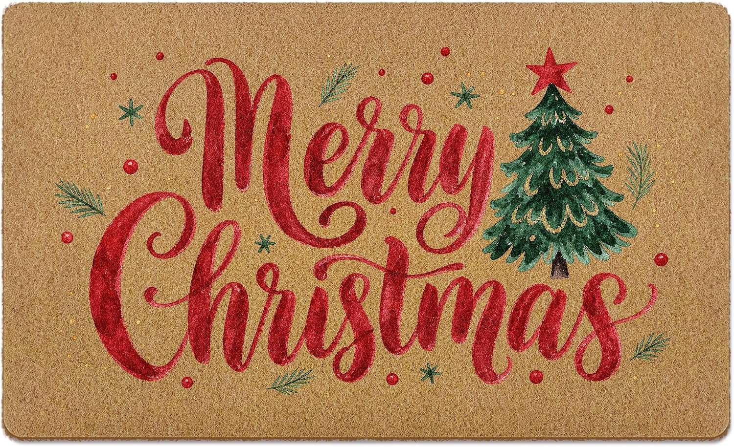 Rustic Red Merry Christmas Tree Welcome Door Mat, 17X30 Inch