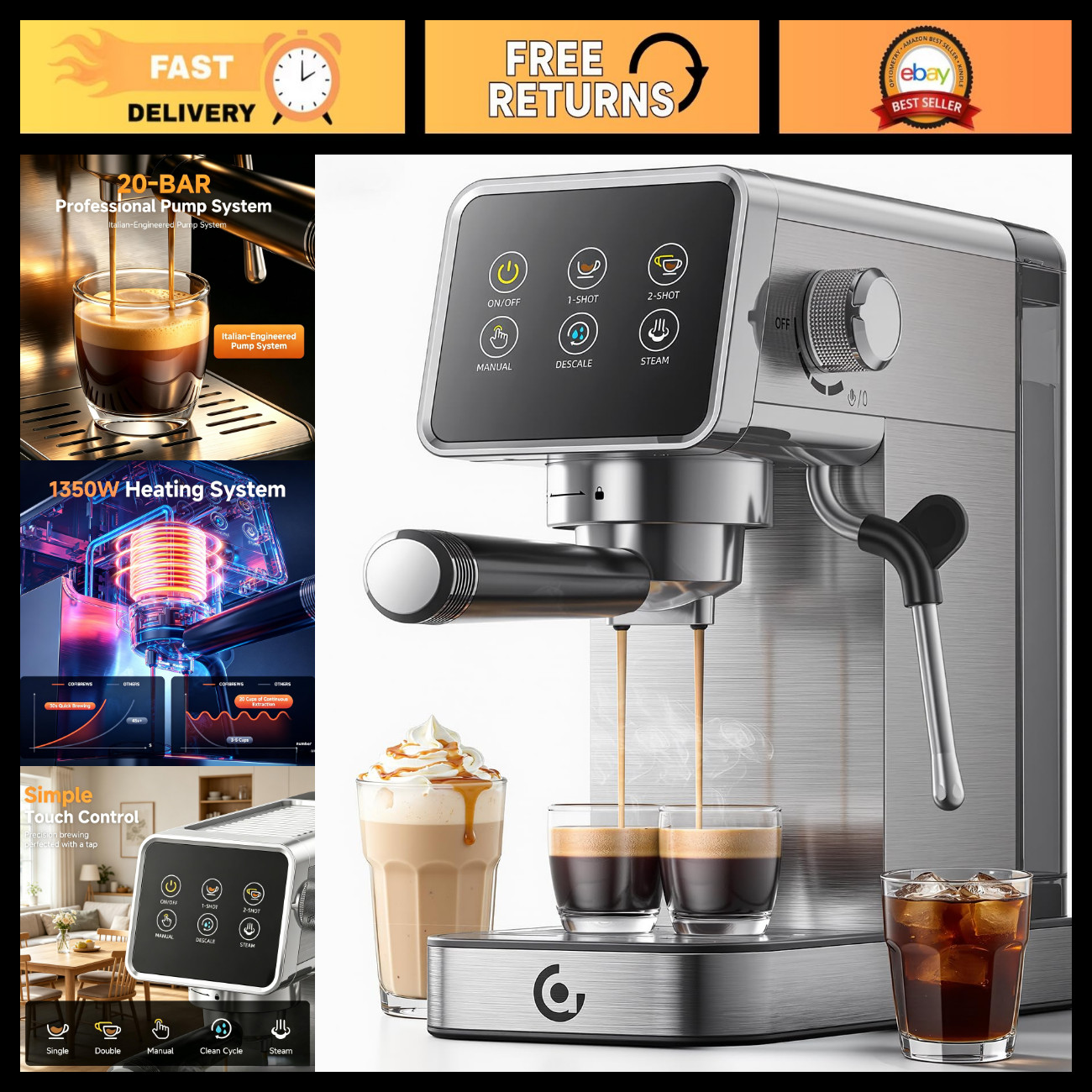 20 Bar Home Espresso Coffee Machine - Silver Gray, Automatic, Compact Design