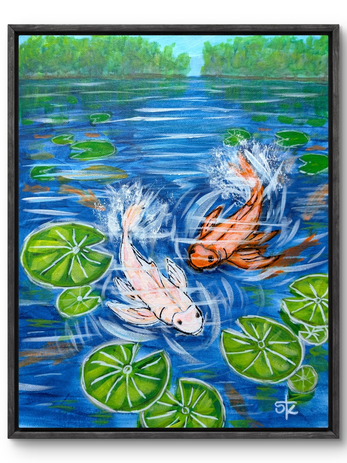 Original Acrylic 14x11 Expressionist Koi Fish Lily Pond Painting Signed Canvas