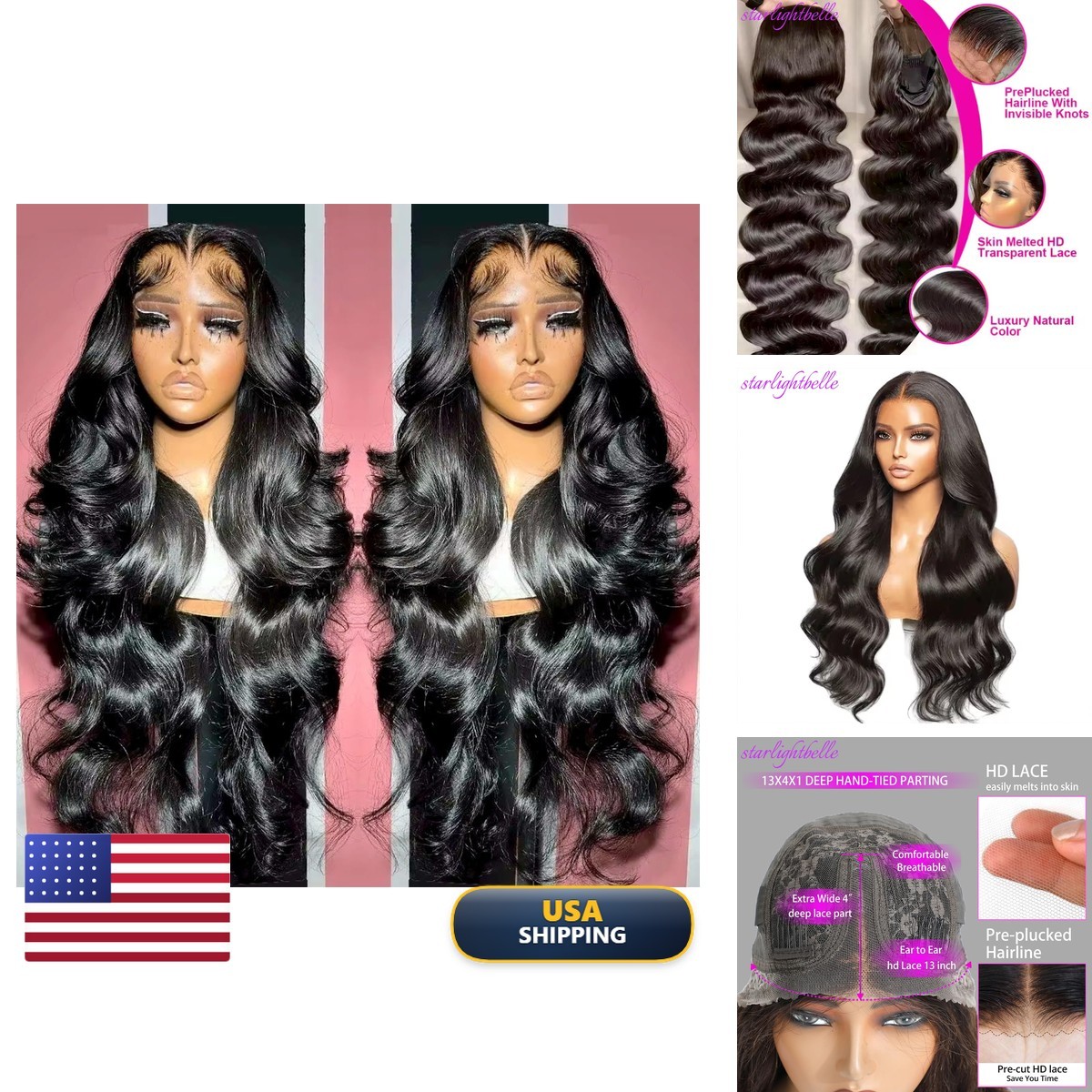 StarlightBelle 30 Inch Natural Black 13x4 T-part Body Wave Lace Wig 220% Density