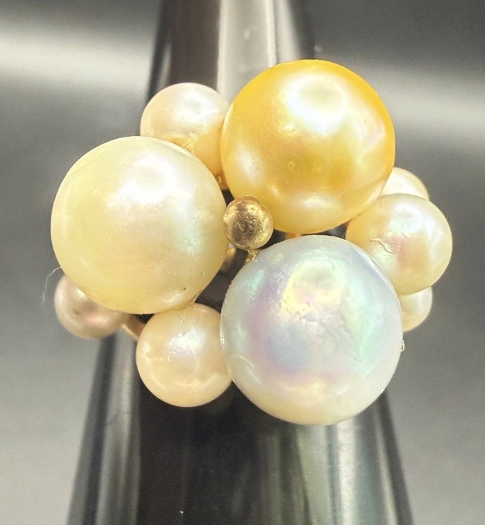 Vintage Ming\'s Hawaii Pearl Cluster Ring 14k Gold 5.4 Grams