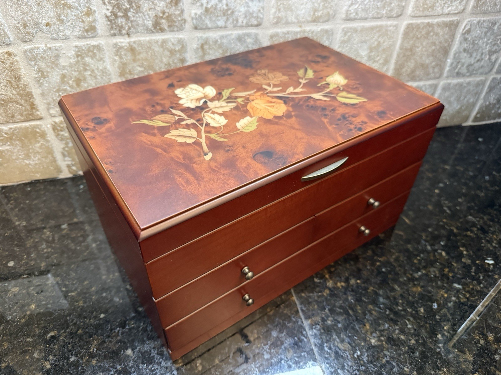 Mele & Co Wooden Jewelry Box Floral Inlay Brayden Design Drawers Mirror Lined Mele & Co Wooden Jewelry Box Floral Inlay Brayden Design Drawers Mirror Lined