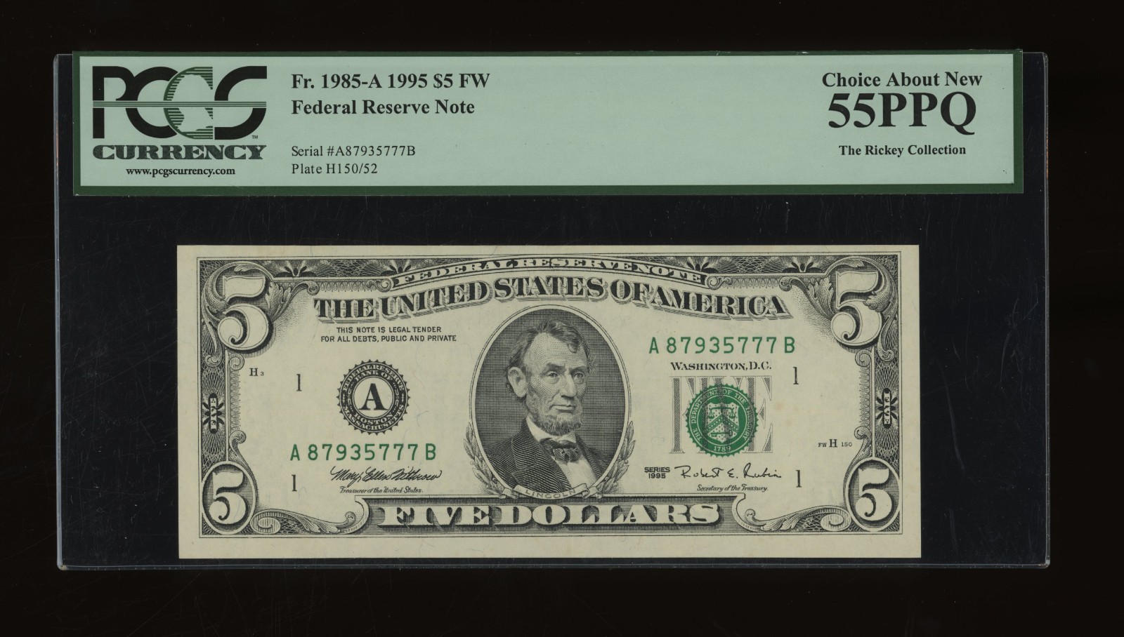 DBR 1995 $5 FRN Boston Fr. 1985-A PCGS 55 PPQ Serial A87935777B