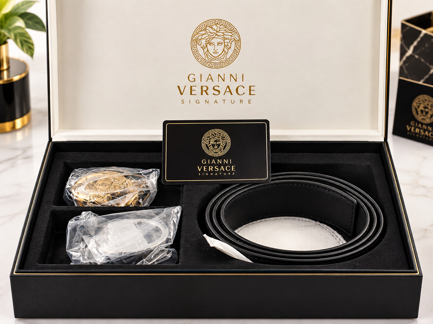 Versace Black Men Leather Belt With 2 Buckle & Box | 