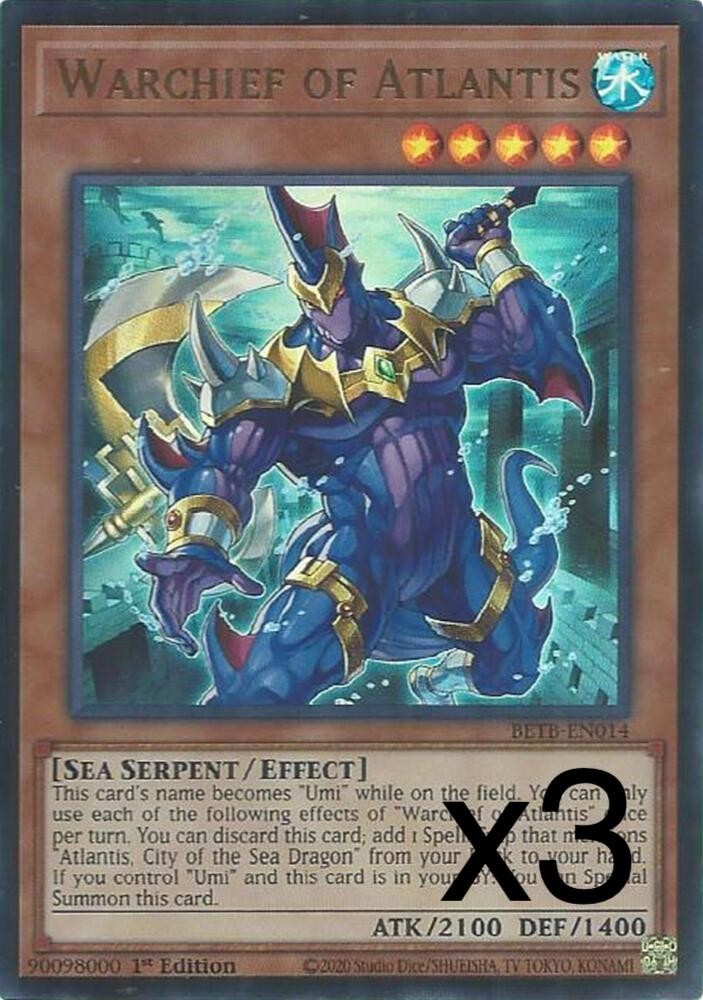 3X Yugioh Warchief of Atlantis BETB-EN014 Ultra Rare 1st Edition NM 3X Yugioh Warchief of Atlantis BETB-EN014 Ultra Rare 1st Edition NM