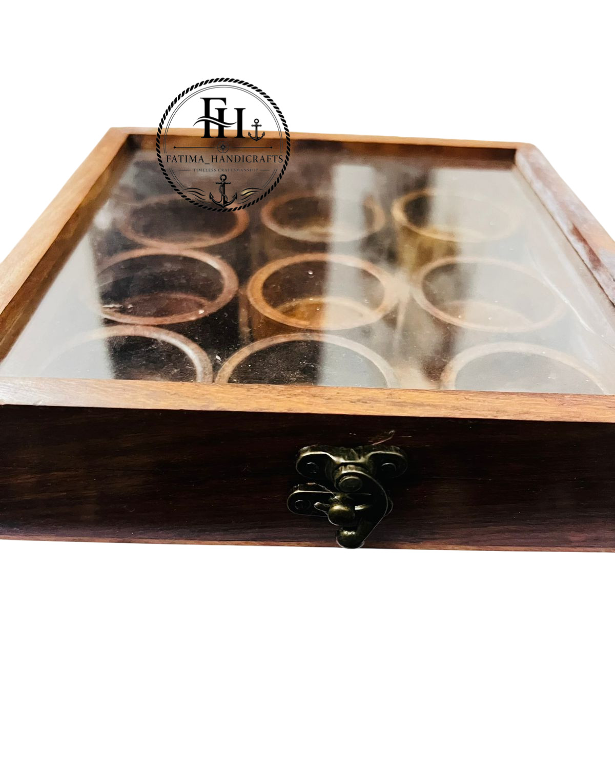 FATIMA Handcrafted Wooden Spice Box with Glass Lid – 9 Compartment Box Halloween