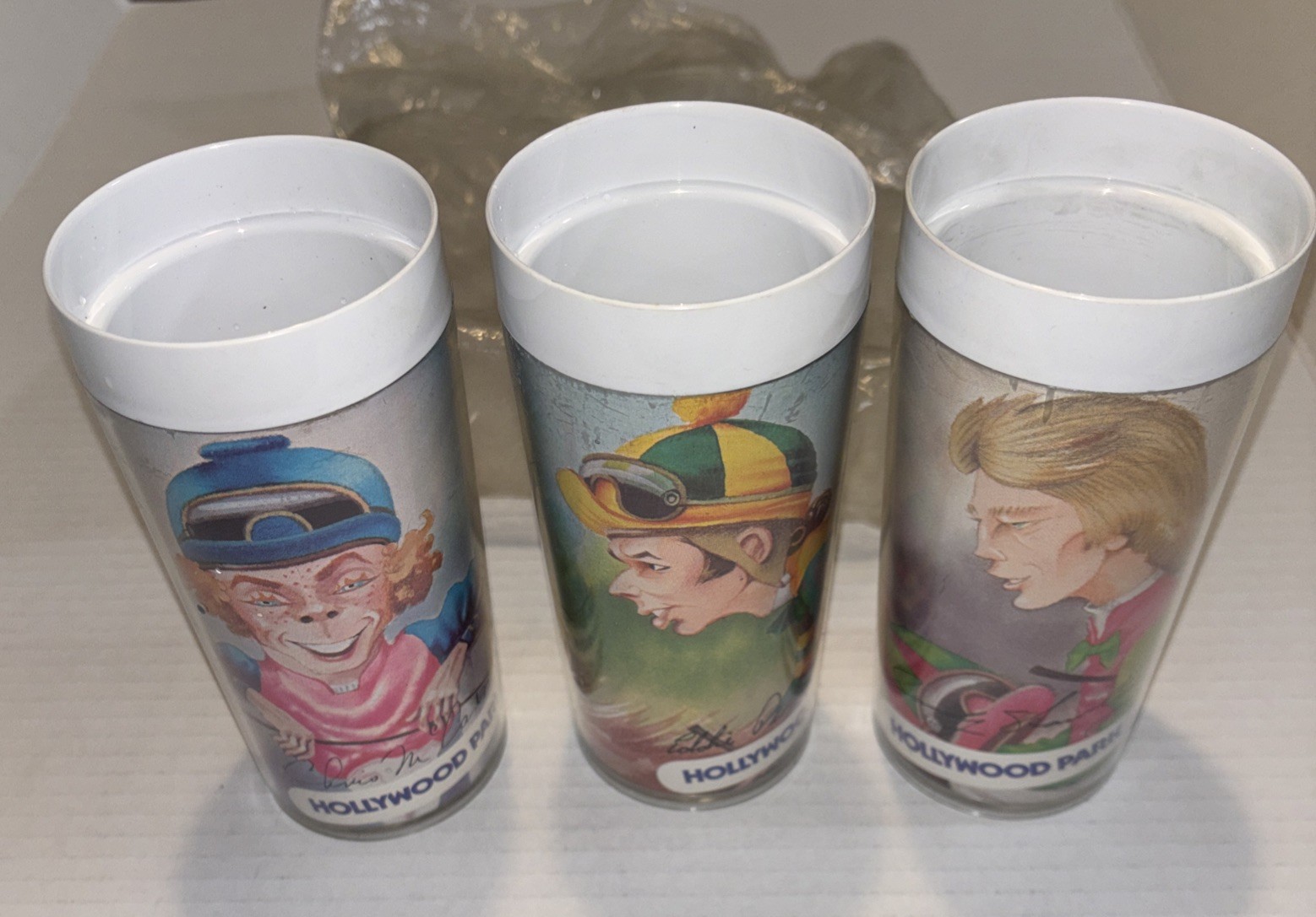 Vintage Hollywood Park Horse Racetrack Plastic Promo Tumblers Jockey Caricatures
