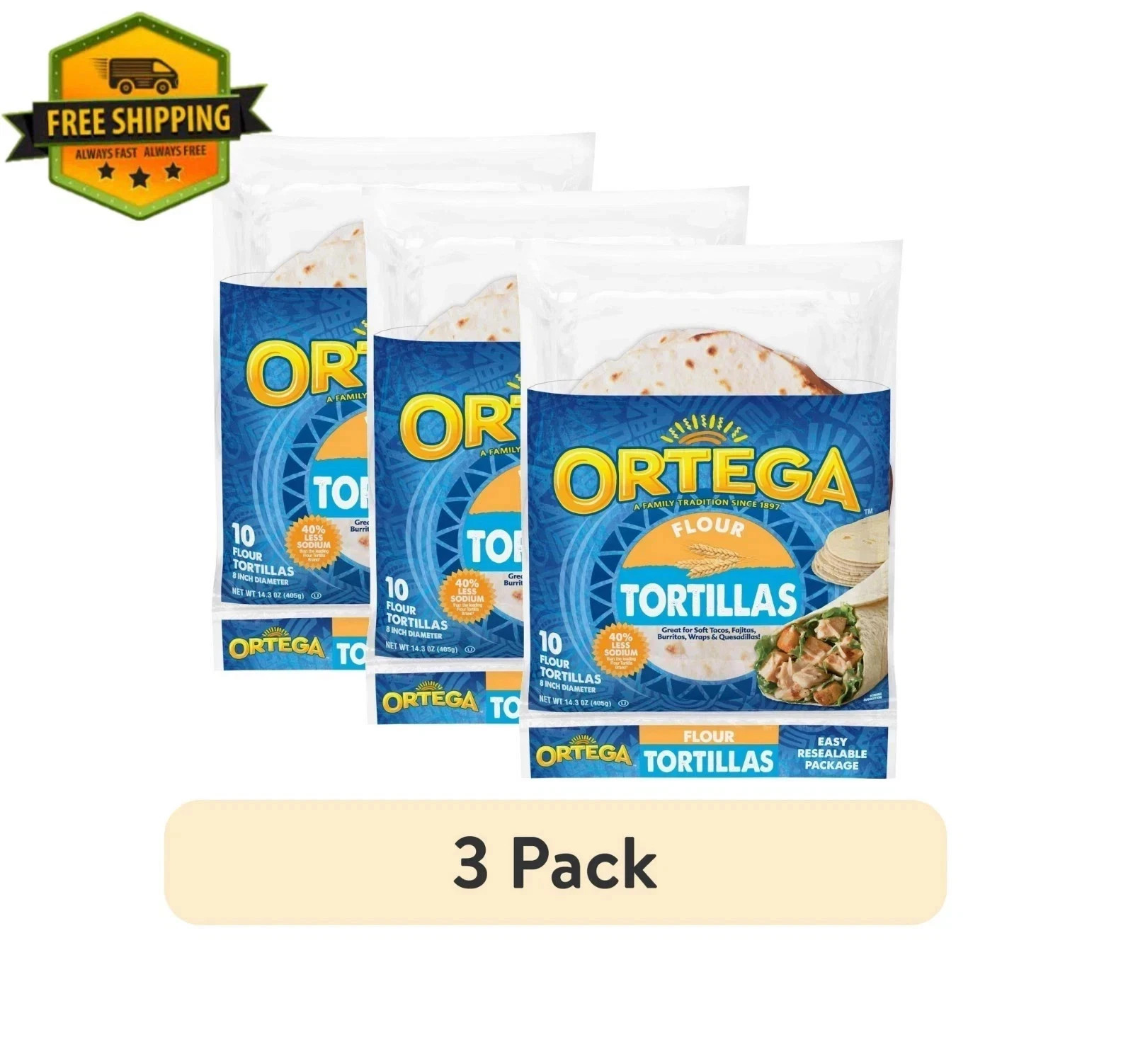 Ortega Kosher Flour Tortillas, 10 Tortillas per Pack, 14.3 oz Each (3-Pack) Ortega Kosher Flour Tortillas, 10 Tortillas per Pack, 14.3 oz Each (3-Pack)