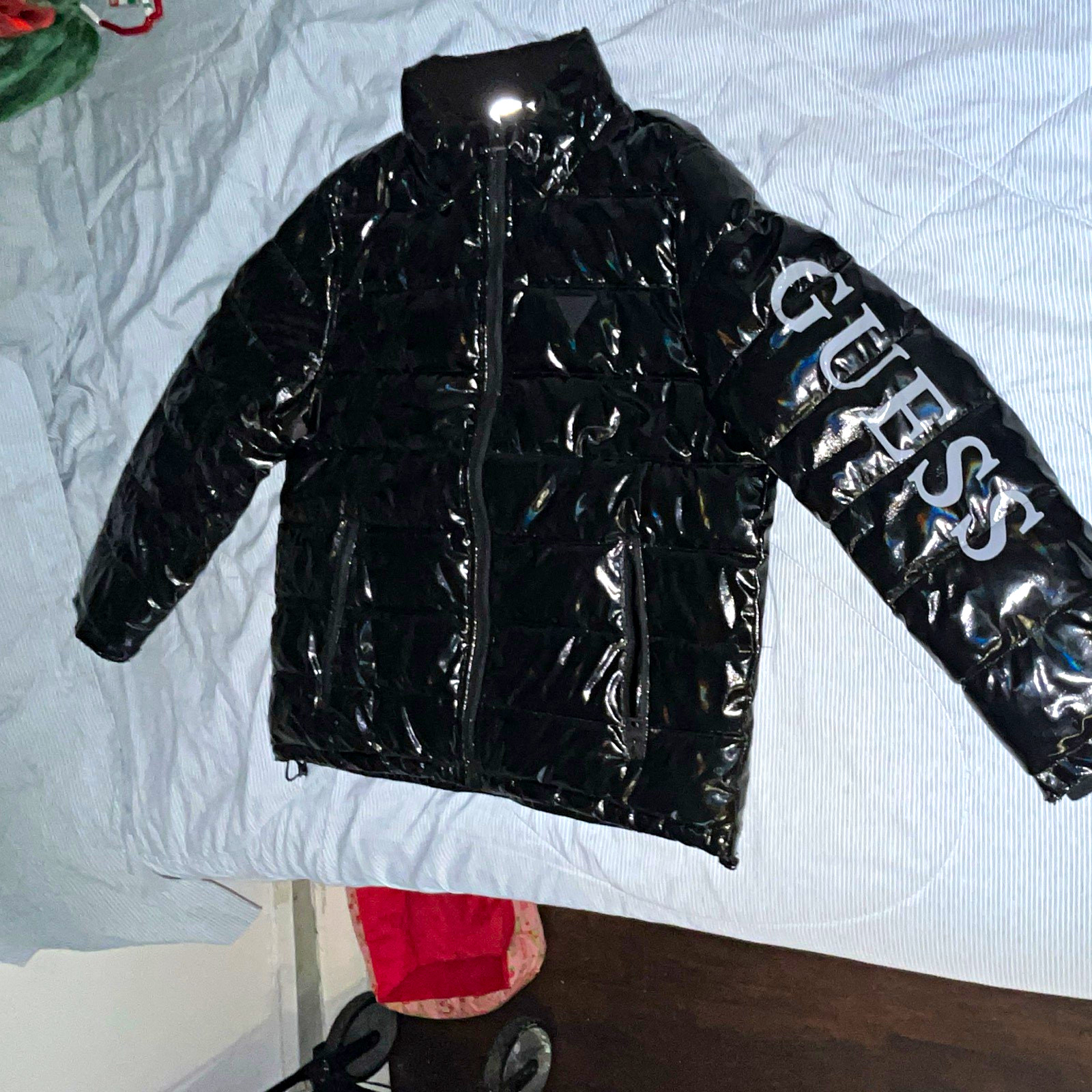 GUESS Men\'s Black Nylon Puffer Jacket Full Zip Stand-Up Collar Pockets L