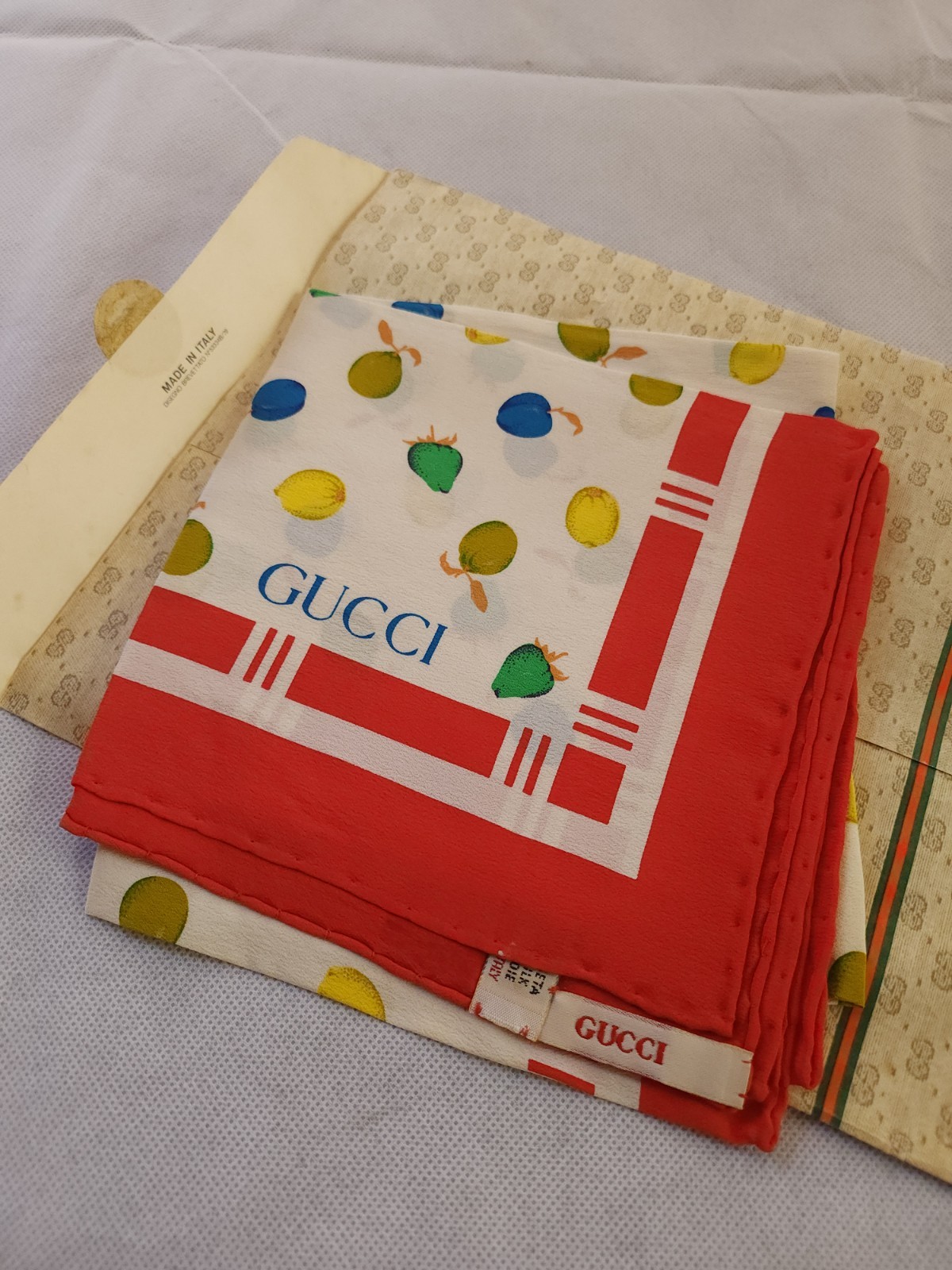 Vintage Gucci Fruit & Stripe Silk Scarf Vintage Gucci Fruit & Stripe Silk Scarf