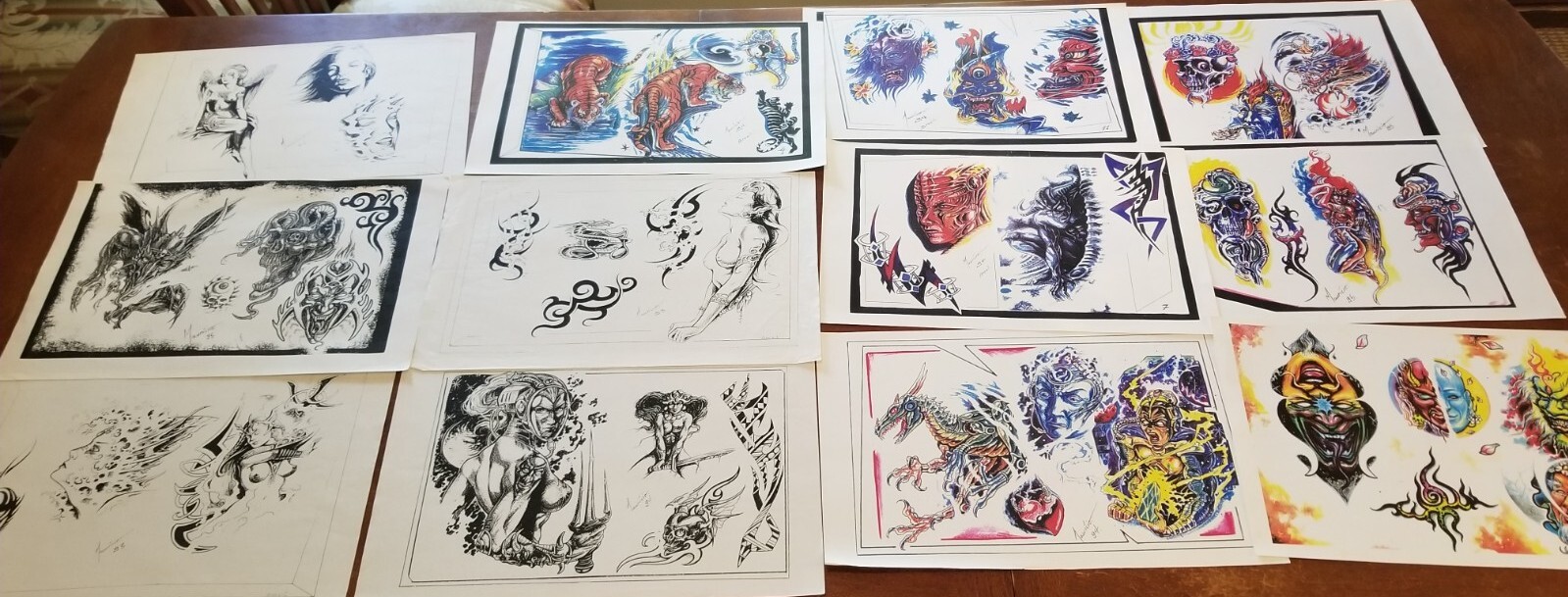 Mauricio Tattoo Flash 12 Sheets 1990s Vtg Color & B/W Skulls Nude Faces Brasil