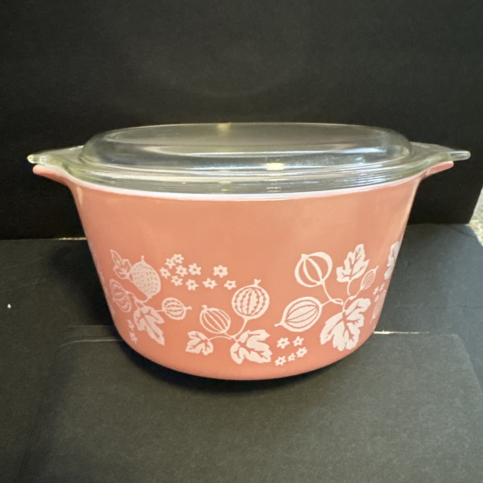 Vintage Pyrex Pink/white Gooseberry Casserole Dish #473-1 Quart w/lid cover