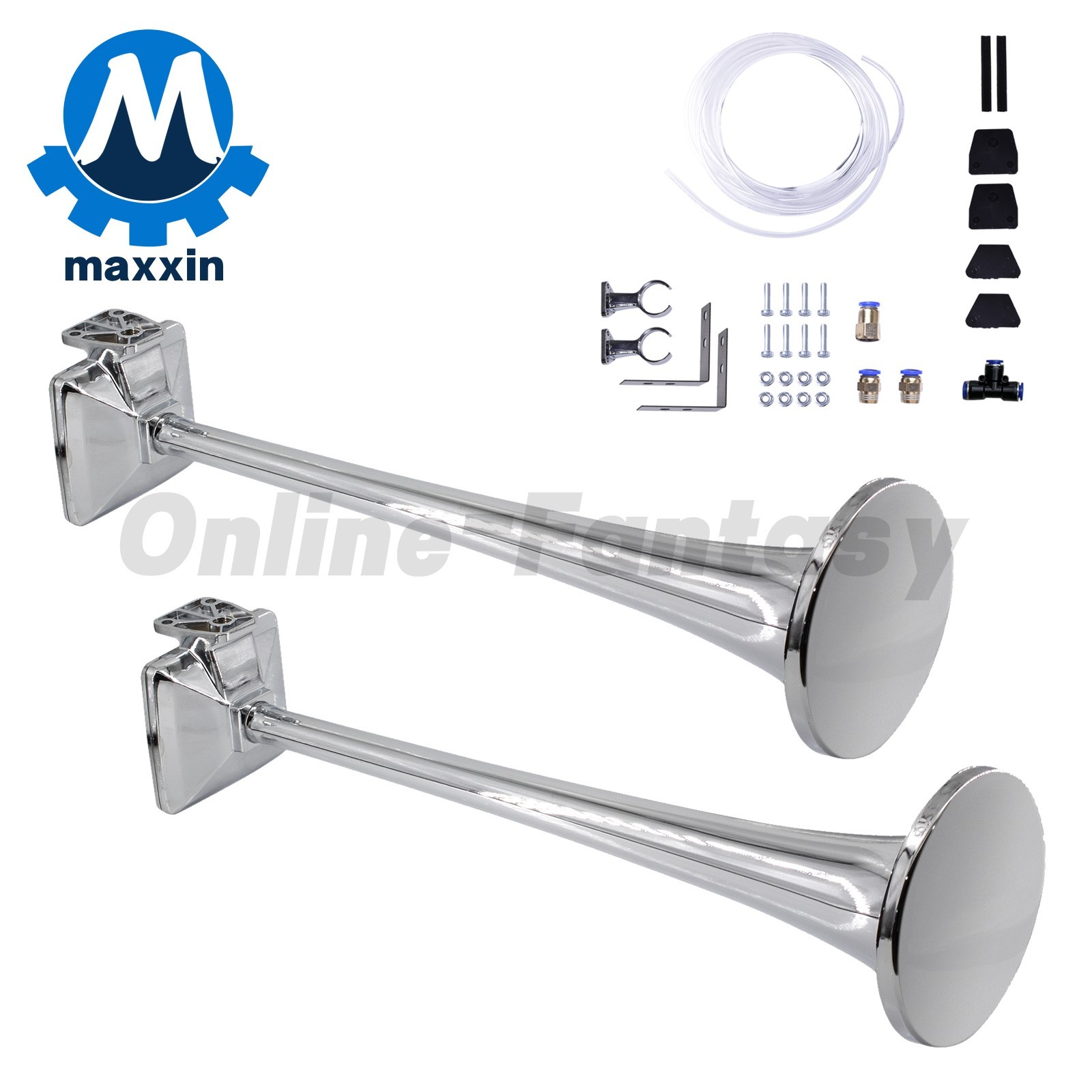 Pair Chrome Air Horn & Base Mount For Peterbilt Kenworth Mack Ford Semi Truck