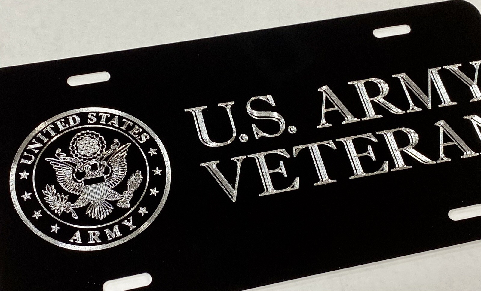 Engraved US Army Vet Veteran Car Tag Diamond Etched Black Metal License Plate