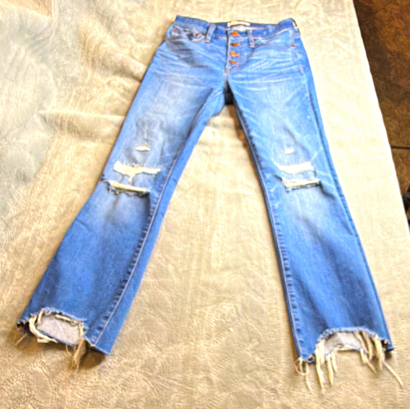 Madewell Women\'s Blue Light Wash Distressed Slim Bootcut Jeans Button Fly