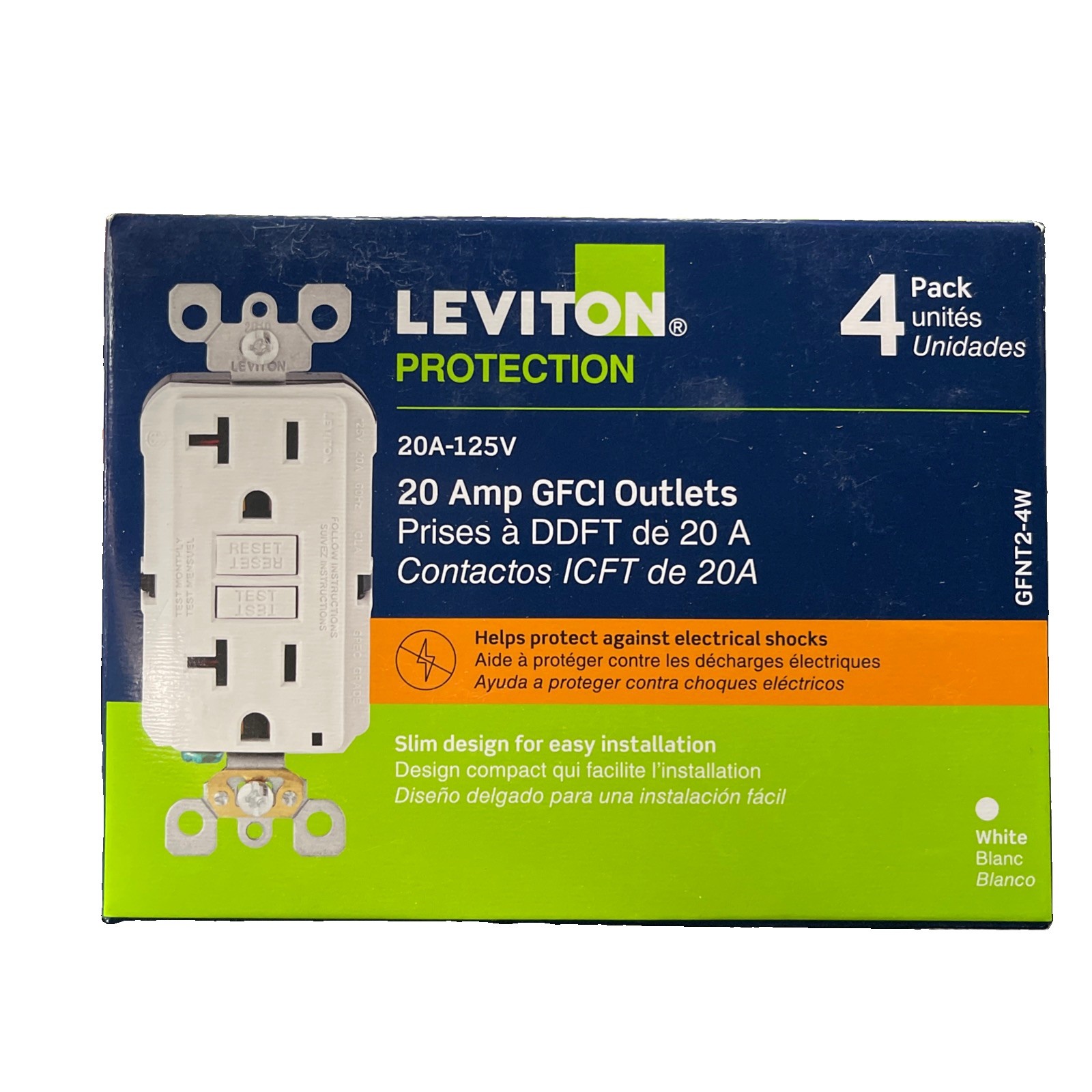 Leviton 20A- 125V Self-Test GFCI Duplex Outlet White 4-Pack New GFNT2-4W Leviton 20A- 125V Self-Test GFCI Duplex Outlet White 4-Pack New GFNT2-4W