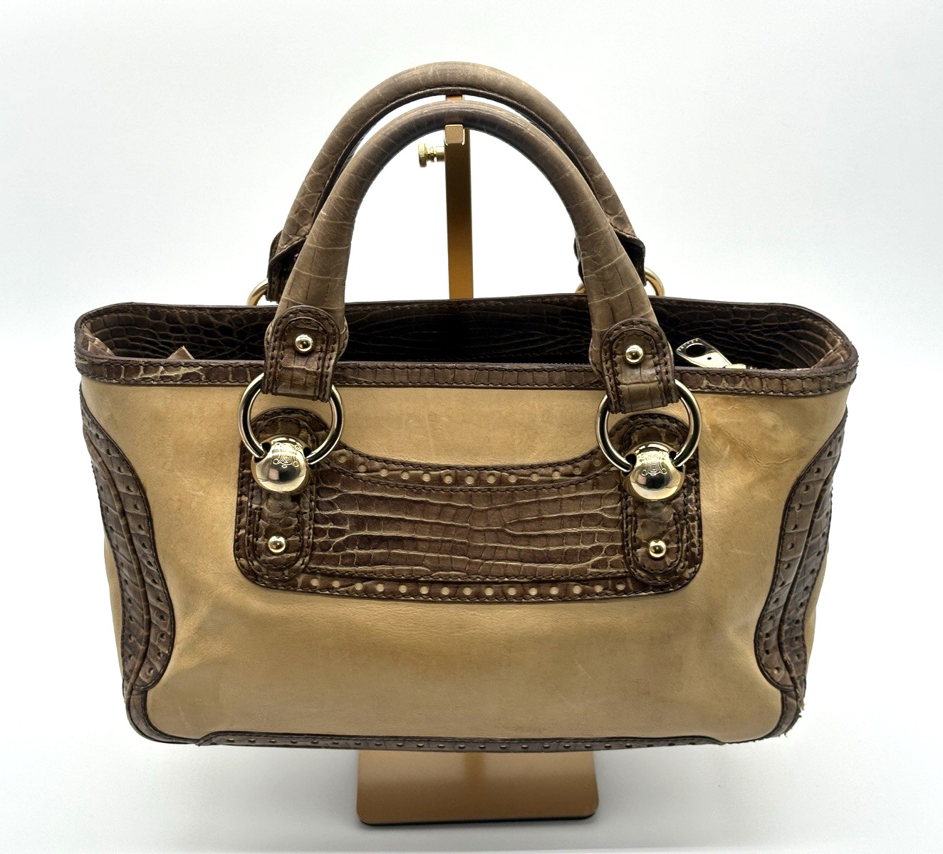 Celine Boogie Bag Beige Leather Brown Croc Embossed Vintage Authenticated COA