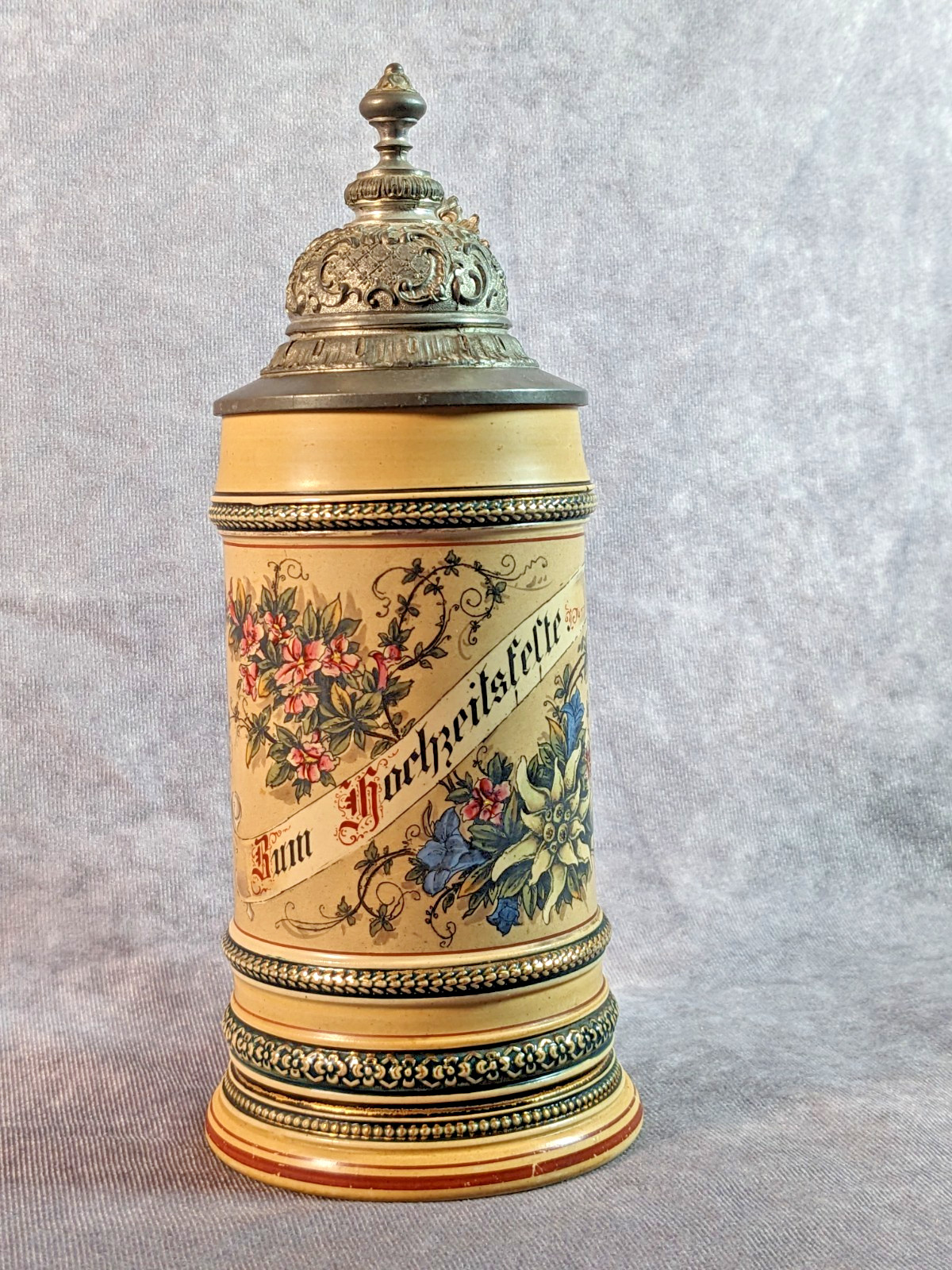 Antique German Pottery Beer Stein Zum Hochzeitsfeste Alpine Floral 1/2L Lidded Antique German Pottery Beer Stein Zum Hochzeitsfeste Alpine Floral 1/2L Lidded