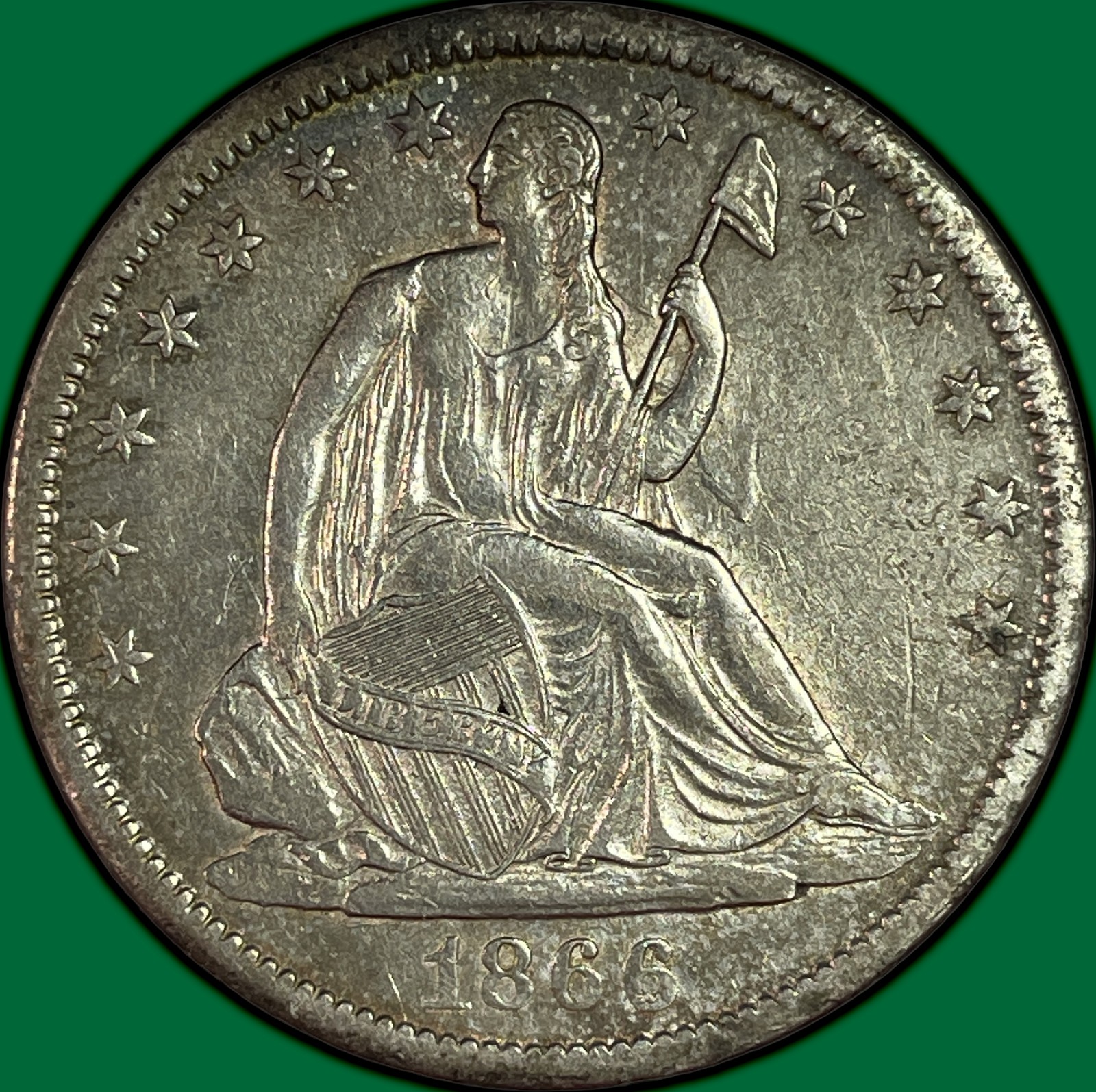1866-S Motto Seated Liberty Half Dollar Almost Uncirculated AU Coin #45380
