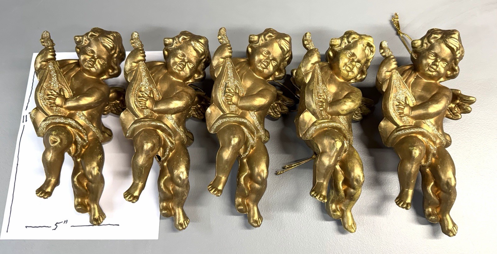 5- Vintage 11” Golden Cherubs Angels Playing A Mandolin 